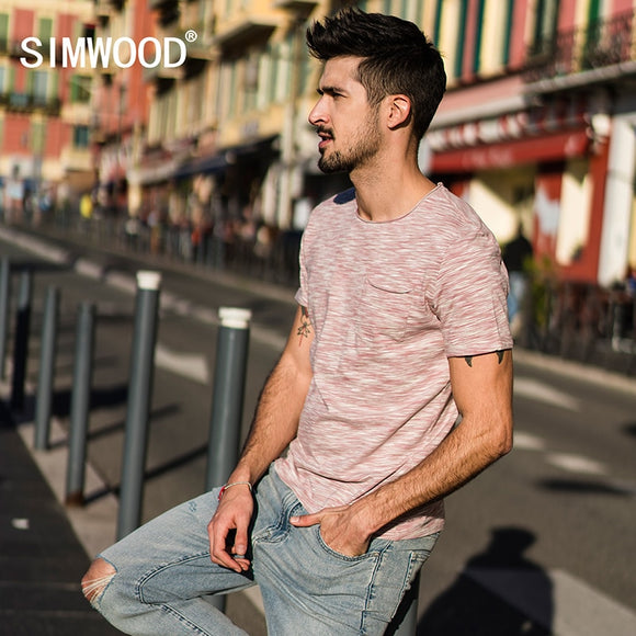 SIMWOOD 2020 New Arrive Summer T Shirt Men Slim Print Fit Cotton Curl Raw neckline Short Sleeve Tshirt Brand Clothing 180051